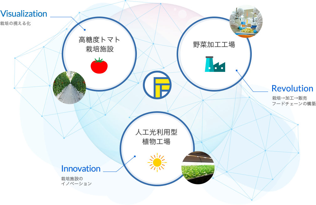 Visualization 栽培の視える化  Innovation 栽培施設のイノベーション Revolution 栽培→加工→販売 フードチェーンの構築